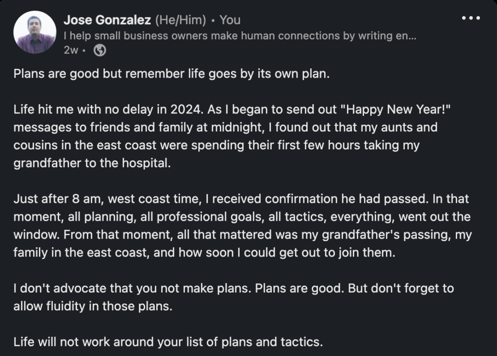 LinkedIn post about how life will often upend your plans